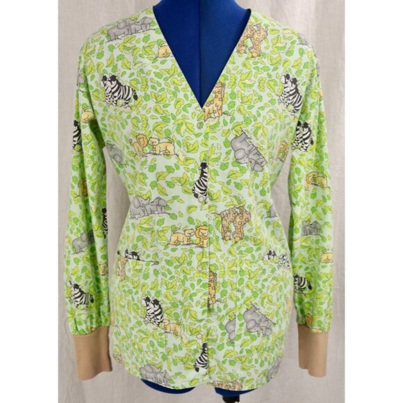 Melrose By May-Hill Uniforms Tops - Melrose Mayhill Scrub Top Women's XS Green Safari Animal Leaf Print Medical VTG